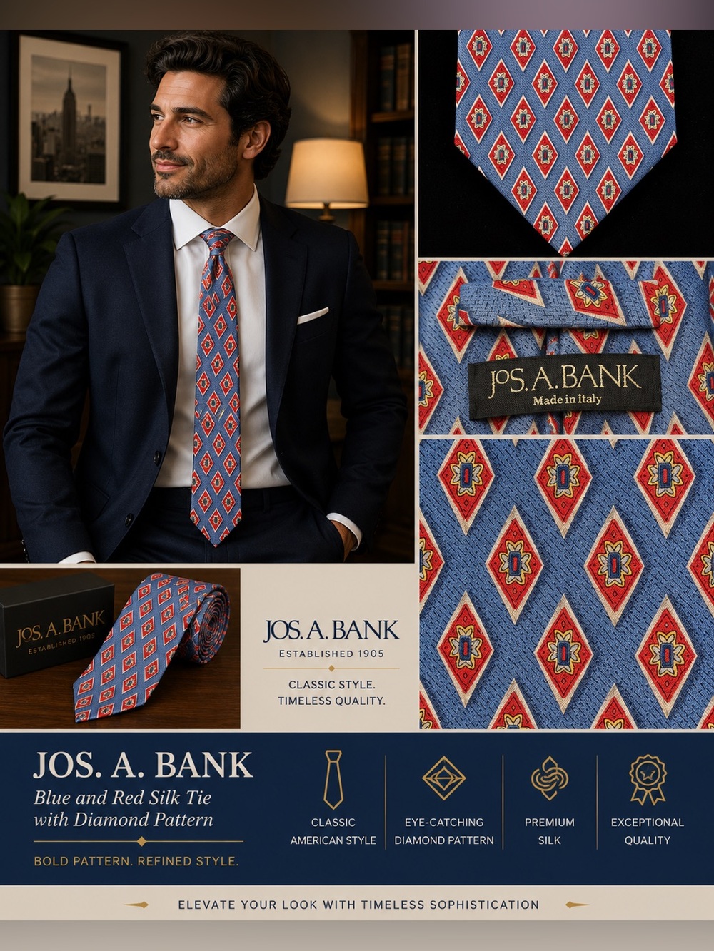 Jos. A. Bank Blue and Red Silk Tie with Diamond Pattern